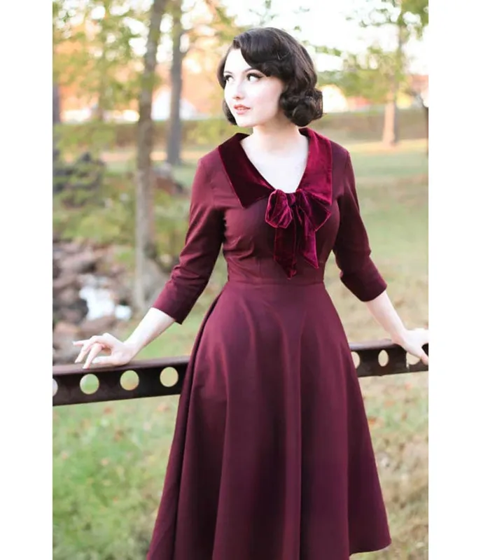 Heart My Closet Burgundy Velvet Trim Swing Dress sold by Unique Vintage