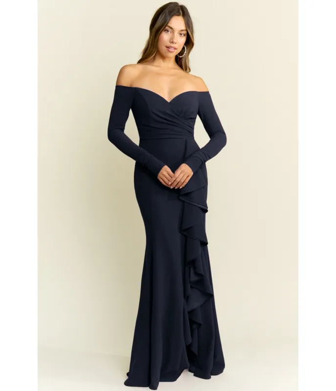 Navy Off the Shoulder Ruffle Gown sold by Unique Vintage