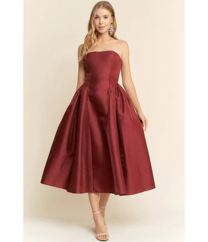 Burgundy Strapless Midi Dress sold by Unique Vintage