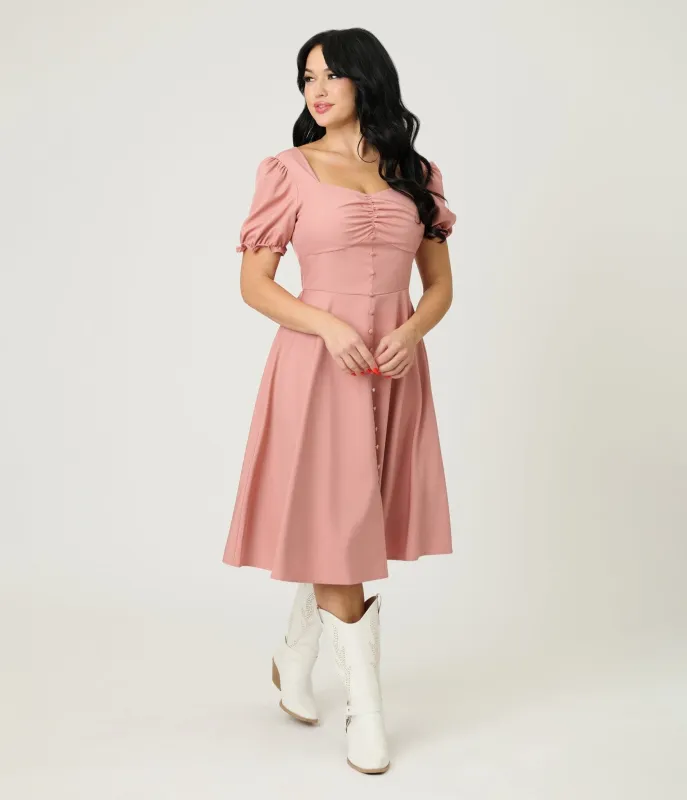 Rose Puff Sleeve Tea Length Dress sold by Unique Vintage