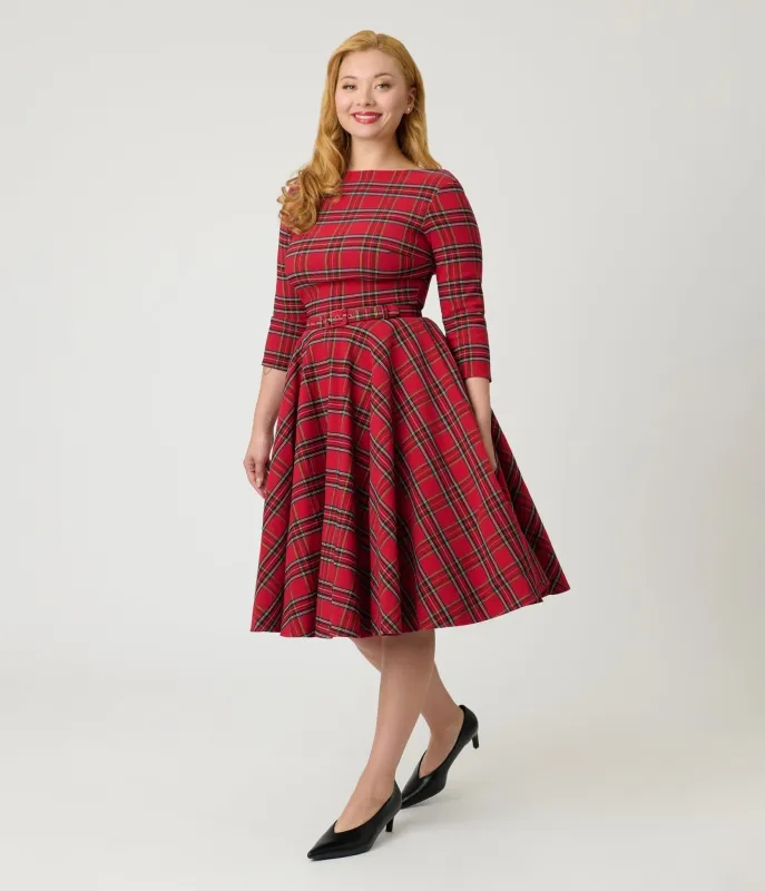 Unique Vintage Red Plaid Sleeved Devon Swing Dress sold by Unique Vintage