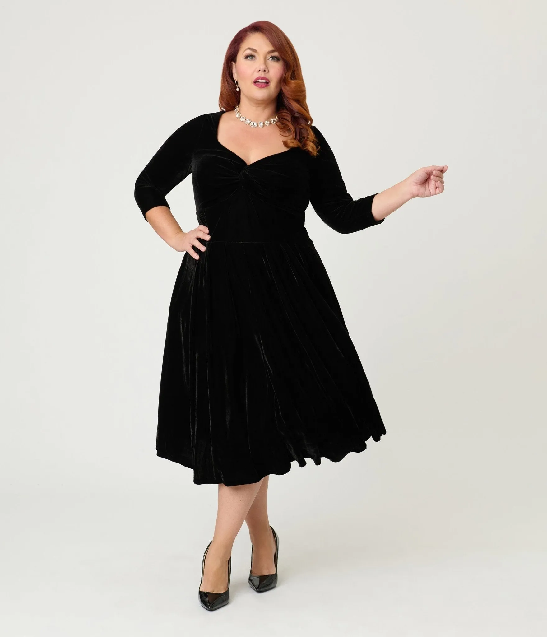 Unique Vintage Plus Size Black Velvet Front Twist Swing Dress sold by Unique Vintage
