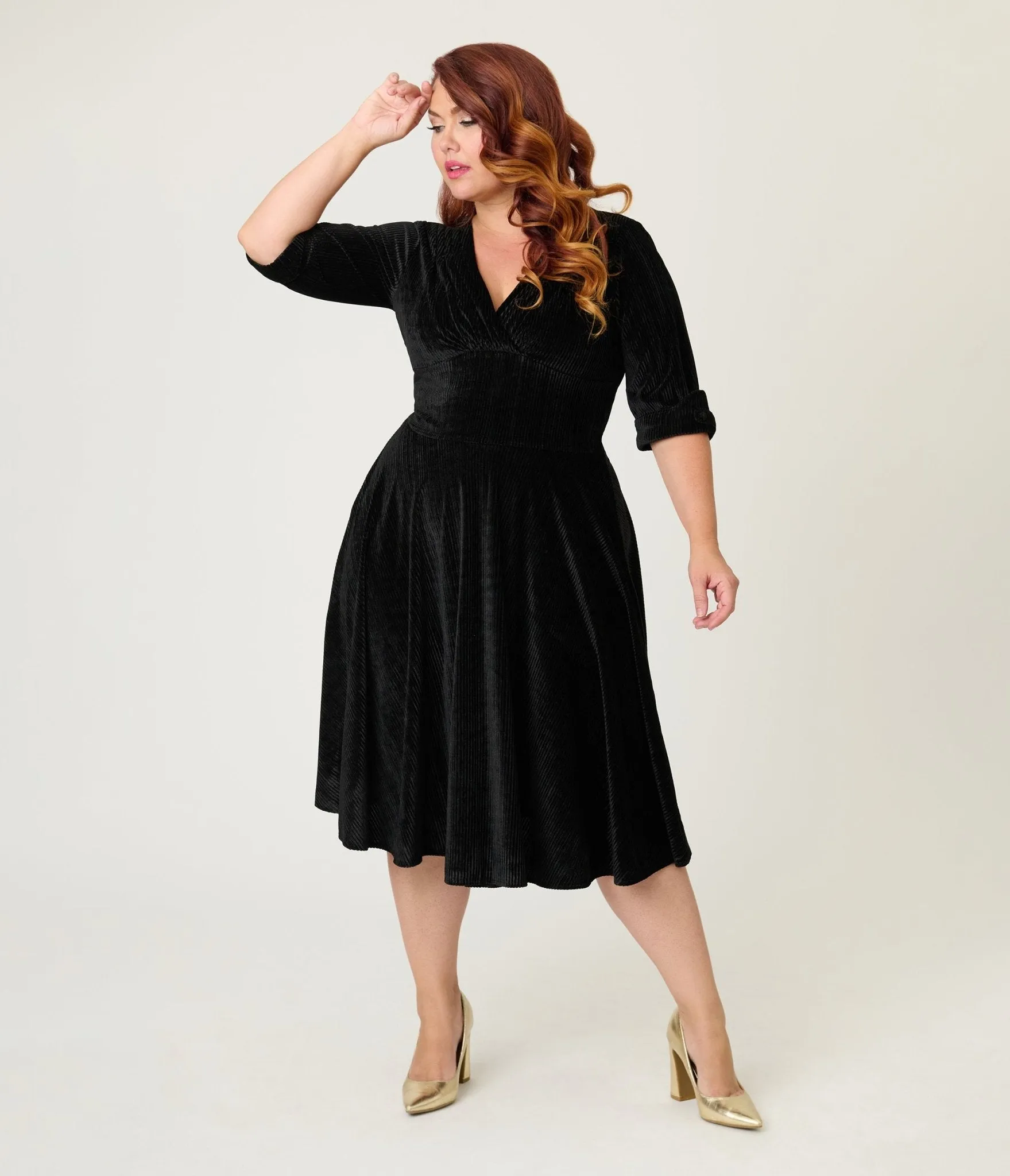Unique Vintage Plus Size Black Textured Velvet Delores Swing Dress sold by Unique Vintage product image thumbnail 4