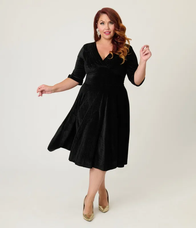 Unique Vintage Plus Size Black Textured Velvet Delores Swing Dress sold by Unique Vintage