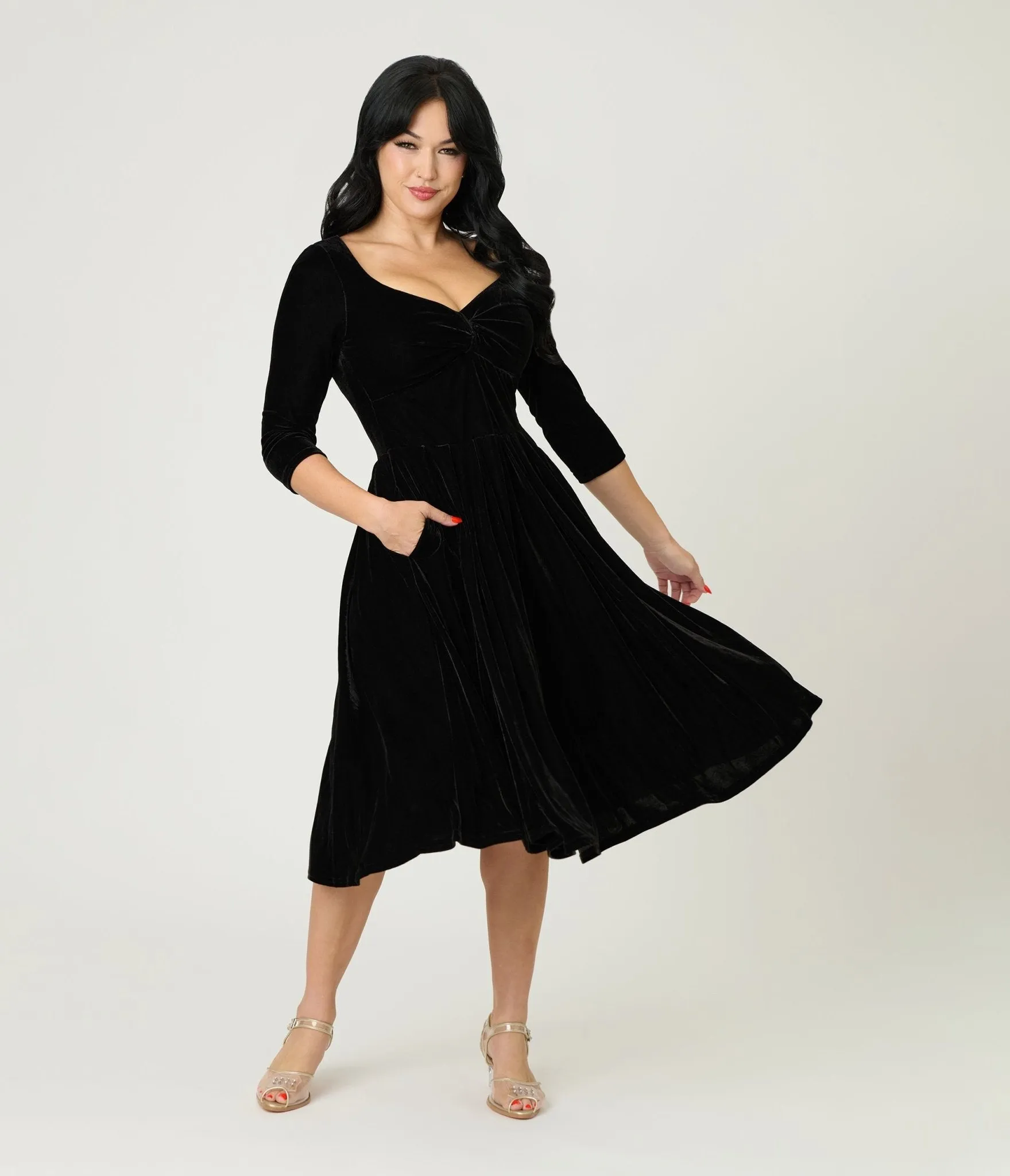 Unique Vintage Black Velvet Front Twist Swing Dress sold by Unique Vintage