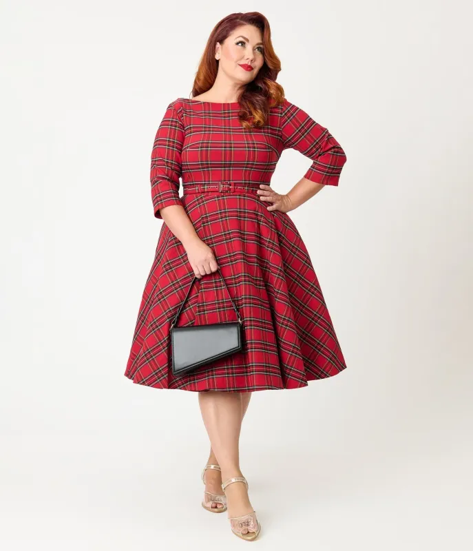 Unique Vintage Plus Size Red Plaid Sleeved Devon Swing Dress sold by Unique Vintage