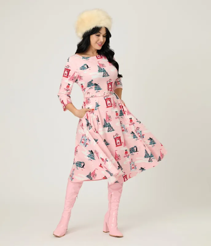 Royal Monk Pink Holiday Print Cotton Swing Dress sold by Unique Vintage