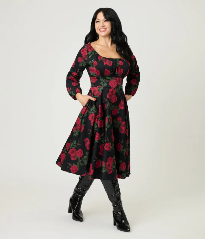 Royal Monk Black & Red Roses Cotton Mina Swing Dress made by Unique Vintage