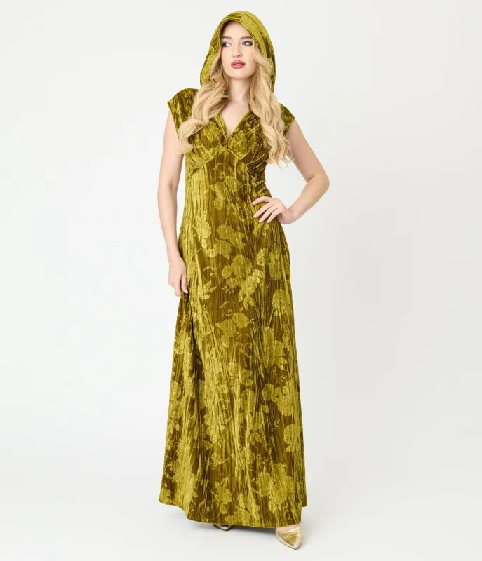 Unique Vintage Chartreuse Floral Embossed Velvet Hooded Maxi Dress sold by Unique Vintage