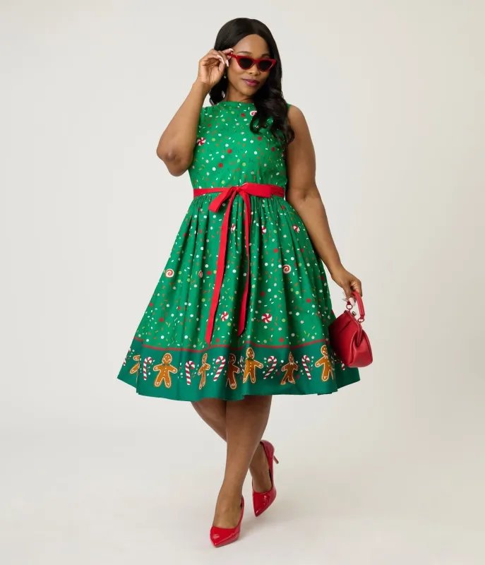 Unique Vintage Plus Size Gingerbread Man Border Print Sleeveless Cotton Swing Dress sold by Unique Vintage