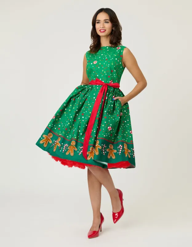 Unique Vintage Gingerbread Man Border Print Sleeveless Cotton Swing Dress sold by Unique Vintage