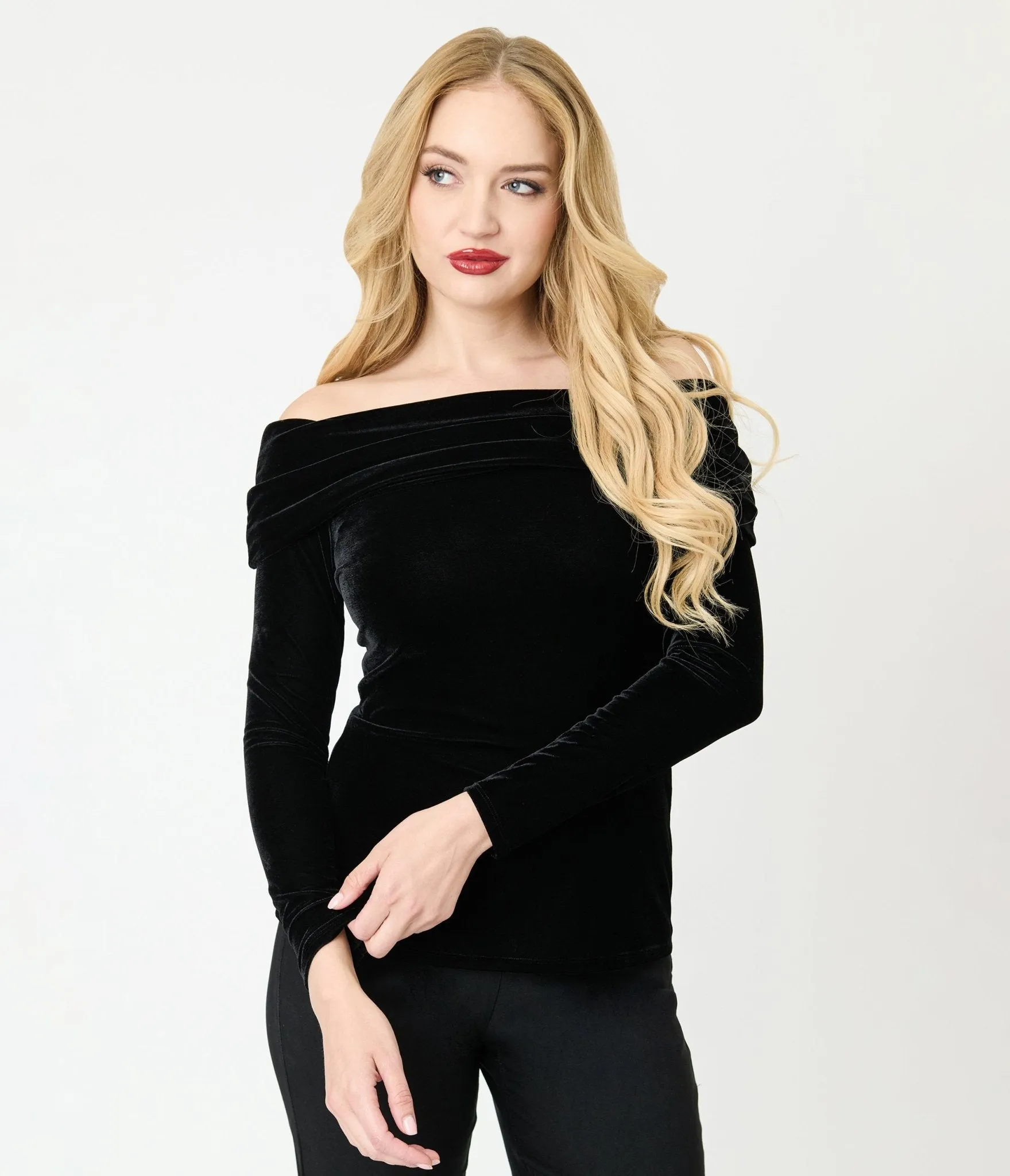 Unique Vintage Black Velvet Folded Shoulder Knit Top sold by Unique Vintage product image thumbnail 3