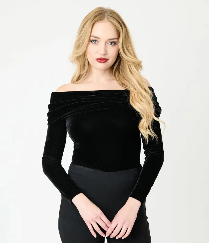 Unique Vintage Black Velvet Folded Shoulder Knit Top sold by Unique Vintage