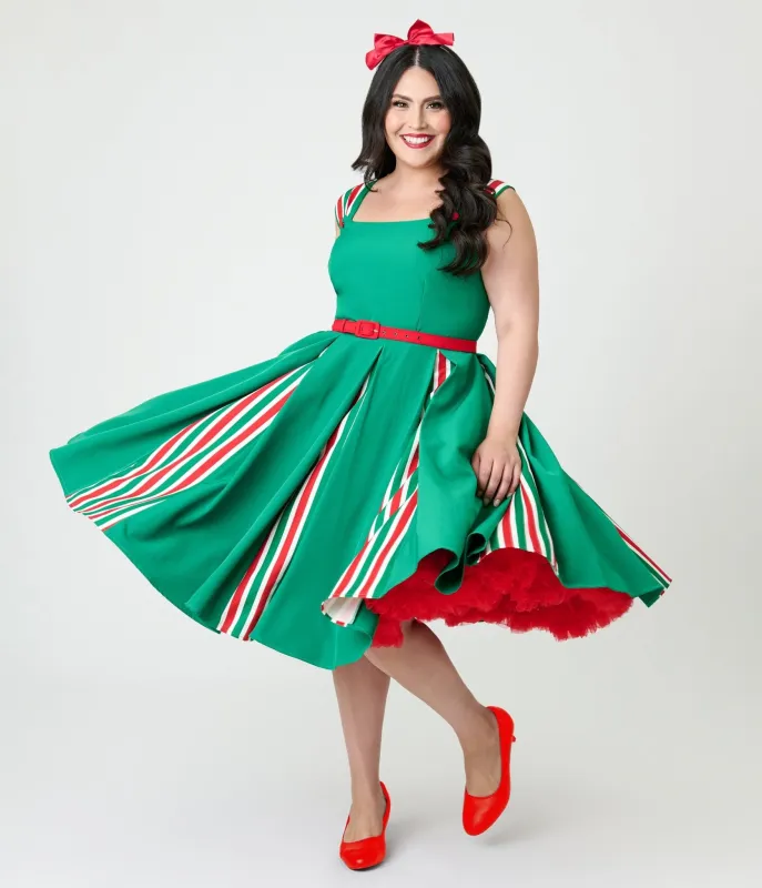 Unique Vintage Plus Size Green & Candy Cane Stripe Swing Dress sold by Unique Vintage