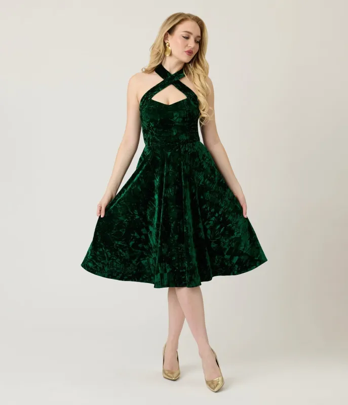 Unique Vintage Emerald Velvet Criss Cross Halter Rita Flare Dress made by Unique Vintage