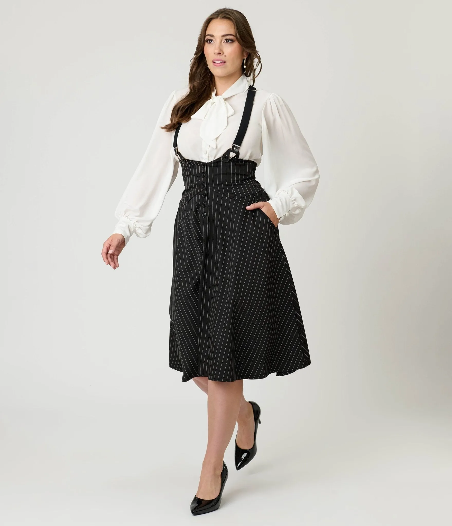 Unique Vintage Black & White Pin Stripe Suspender Swing Skirt sold by Unique Vintage product image thumbnail 3