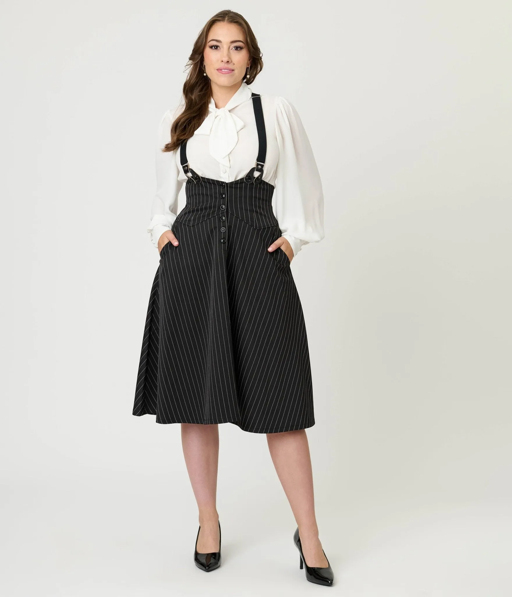 Unique Vintage Black & White Pin Stripe Suspender Swing Skirt sold by Unique Vintage product image thumbnail 4
