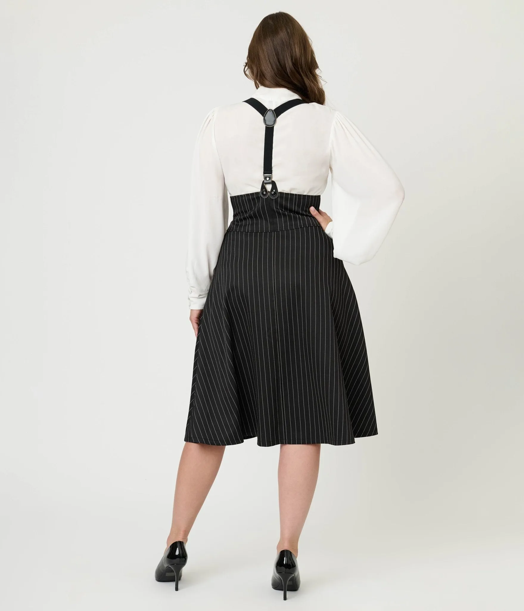 Unique Vintage Black & White Pin Stripe Suspender Swing Skirt sold by Unique Vintage product image thumbnail 2