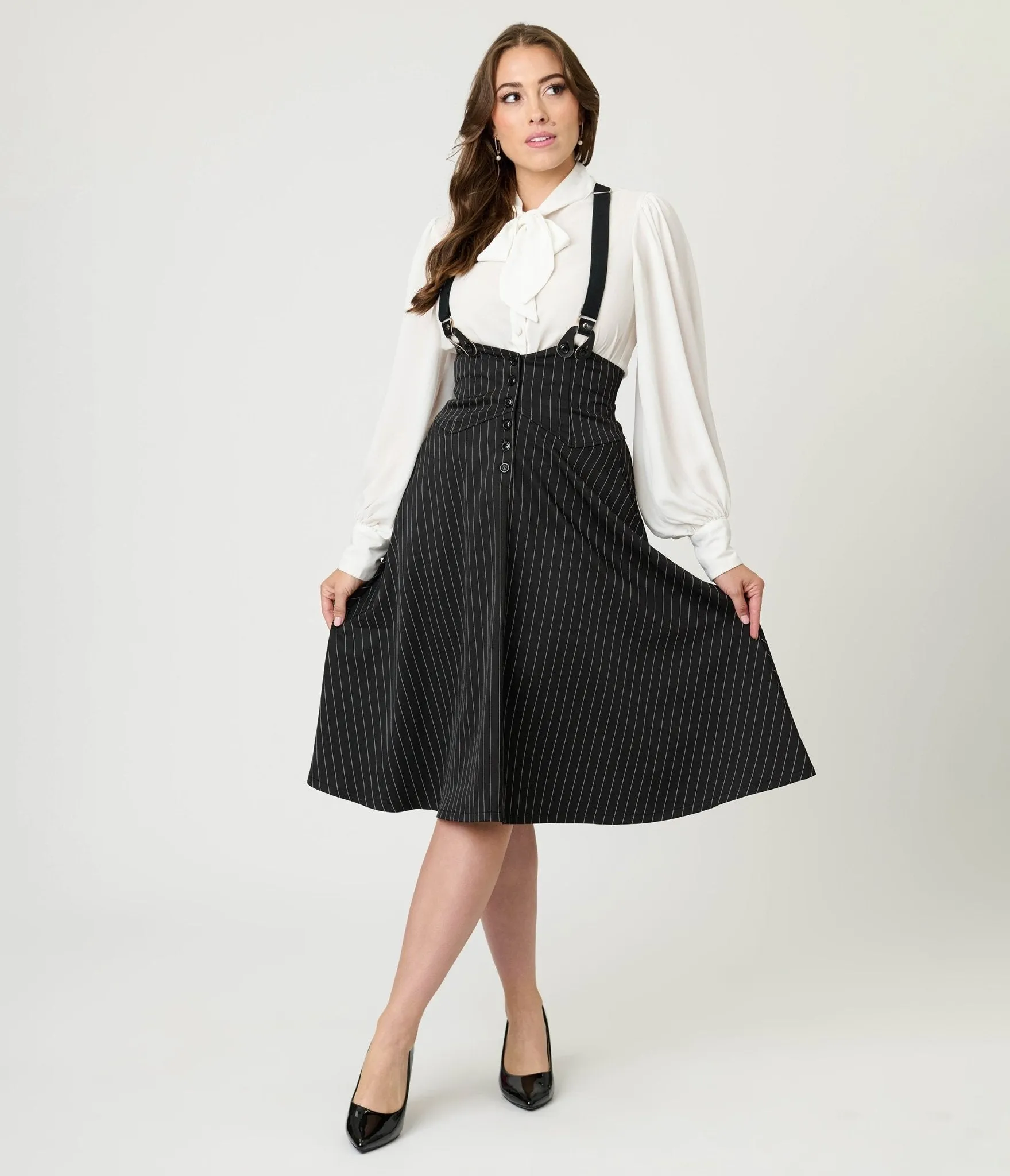 Unique Vintage Black & White Pin Stripe Suspender Swing Skirt sold by Unique Vintage