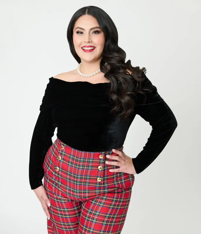 Unique Vintage Plus Size Black Velvet Folded Shoulder Knit Top sold by Unique Vintage