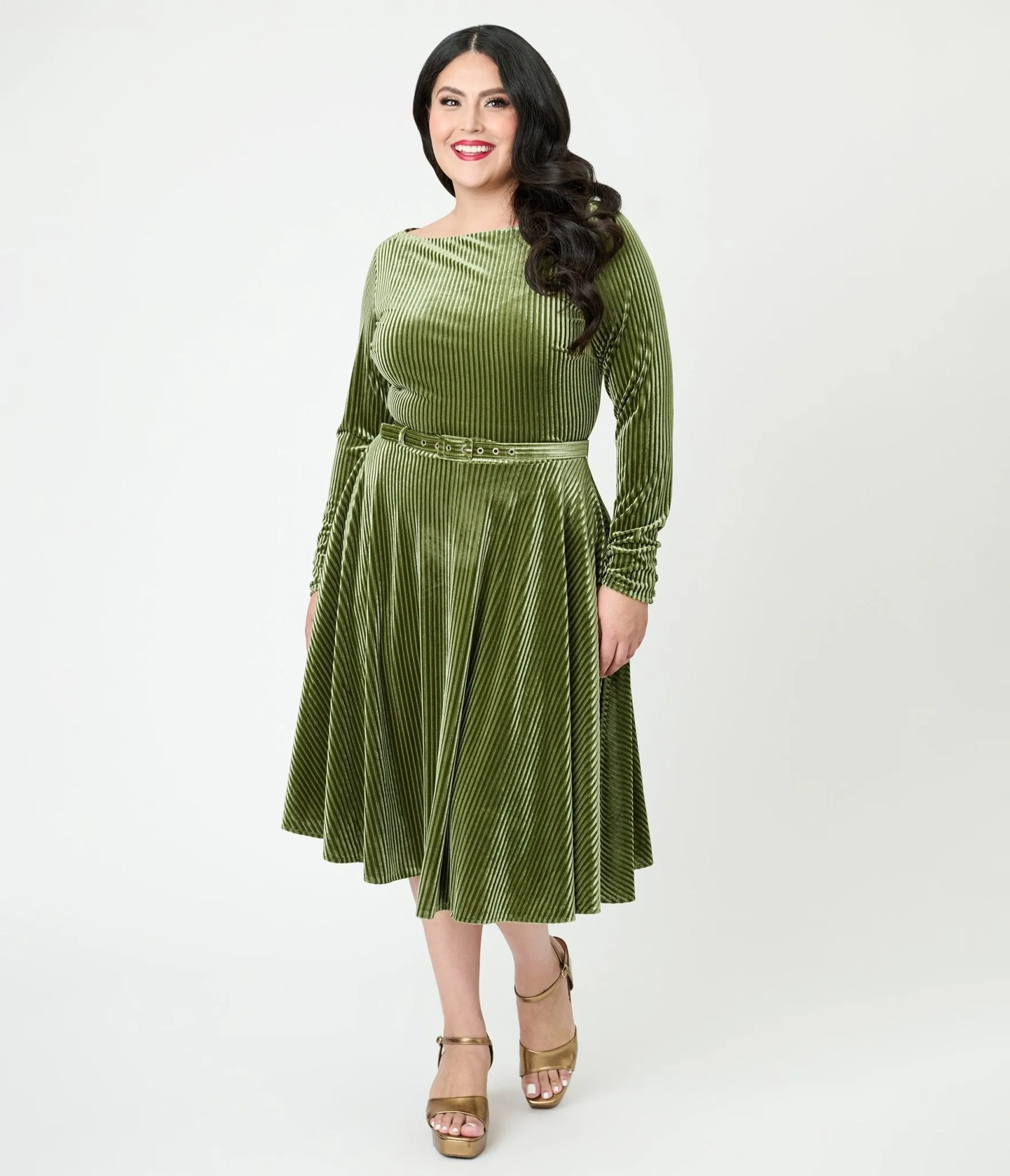Unique Vintage Plus Size Olive Green Long Sleeve Devon Swing Dress sold by Unique Vintage product image thumbnail 4