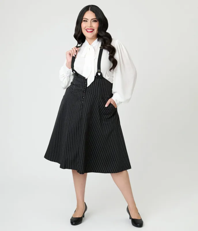 Unique Vintage Plus Size Black & White Pin Stripe Suspender Swing Skirt sold by Unique Vintage