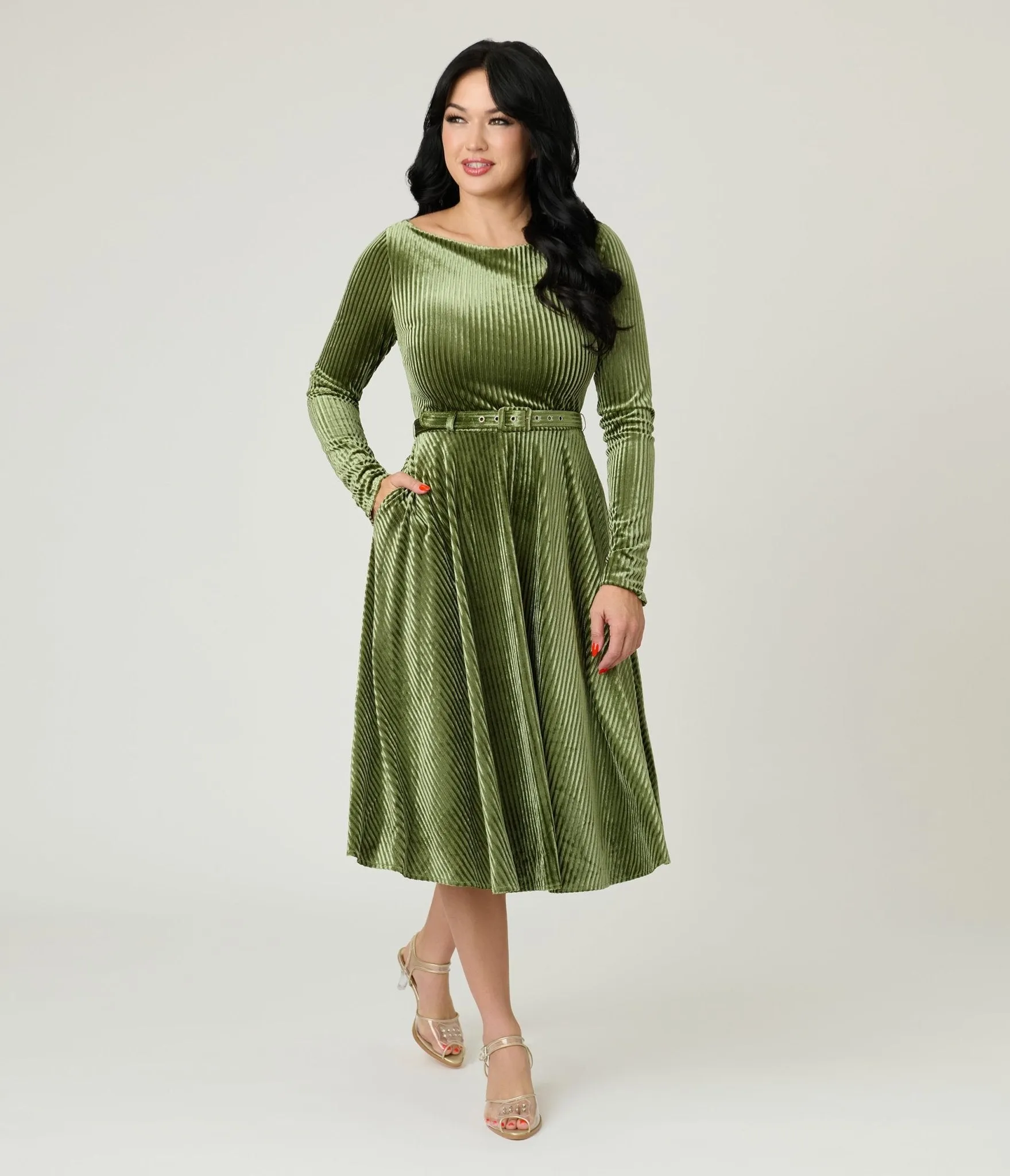 Unique Vintage Olive Green Long Sleeve Devon Swing Dress sold by Unique Vintage product image thumbnail 3