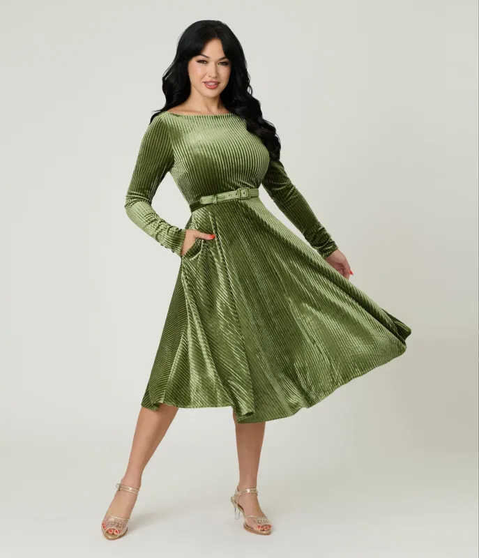 Unique Vintage Olive Green Long Sleeve Devon Swing Dress sold by Unique Vintage