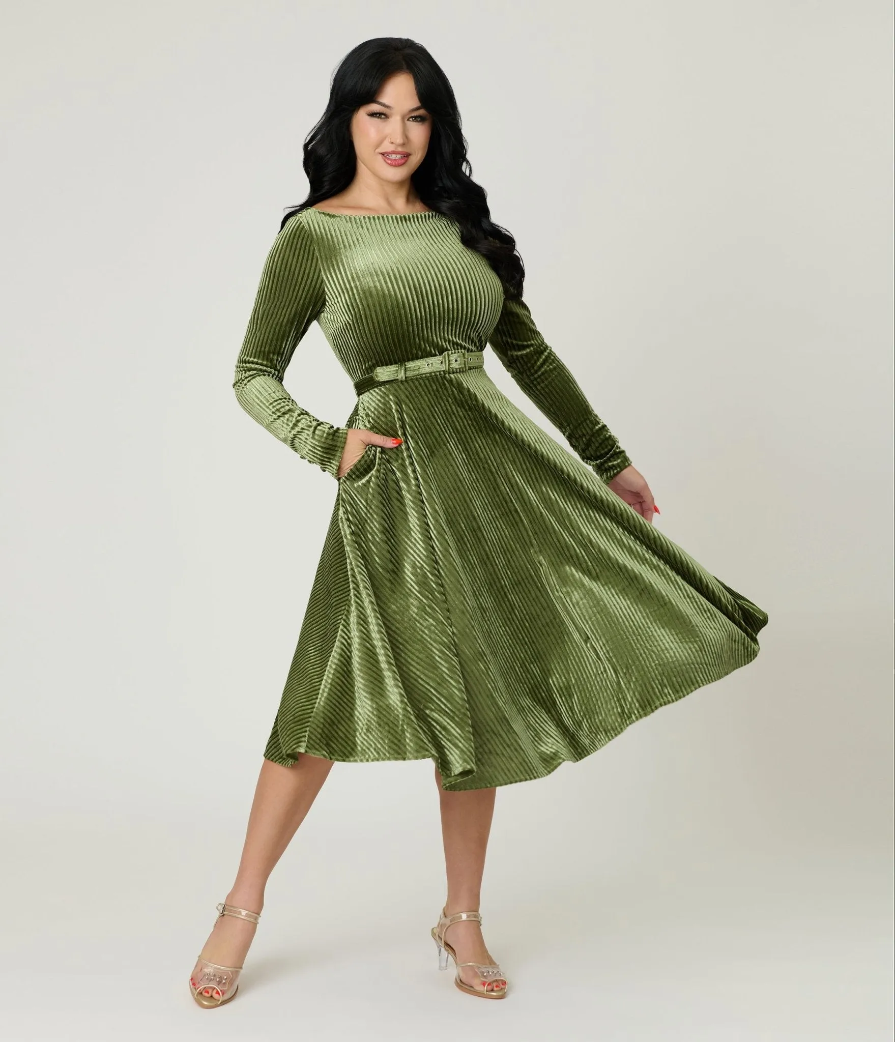 Unique Vintage Olive Green Long Sleeve Devon Swing Dress sold by Unique Vintage