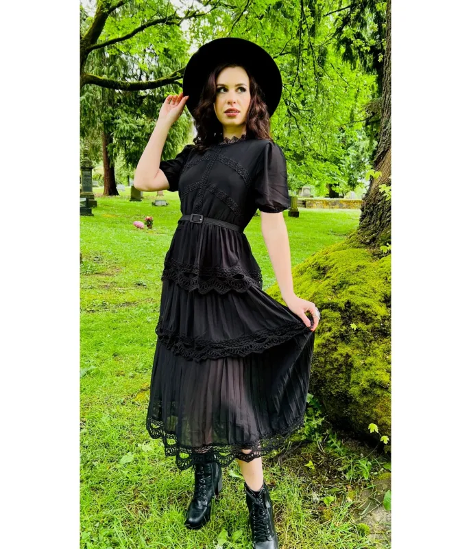 Witchwood Bags Black Annabel Romantic Cottage Goth Tiered Dress sold by Unique Vintage