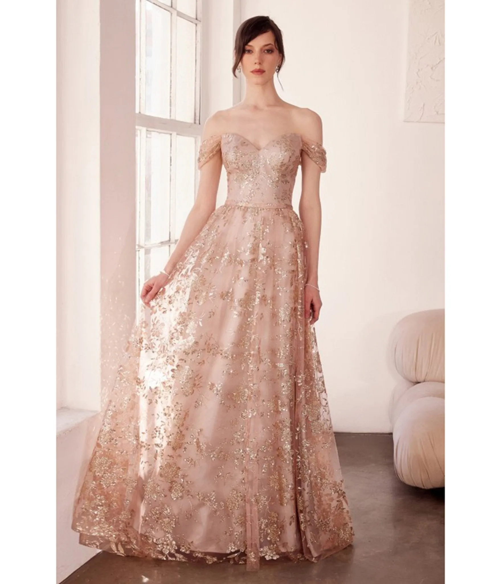 Rose Gold Glitter Floral Prom Gown sold by Unique Vintage