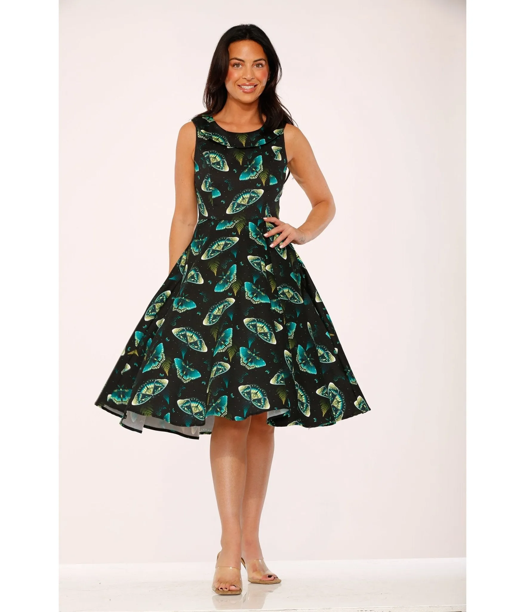 Orchid Bloom Black & Blue Butterfly Cotton Swing Dress sold by Unique Vintage