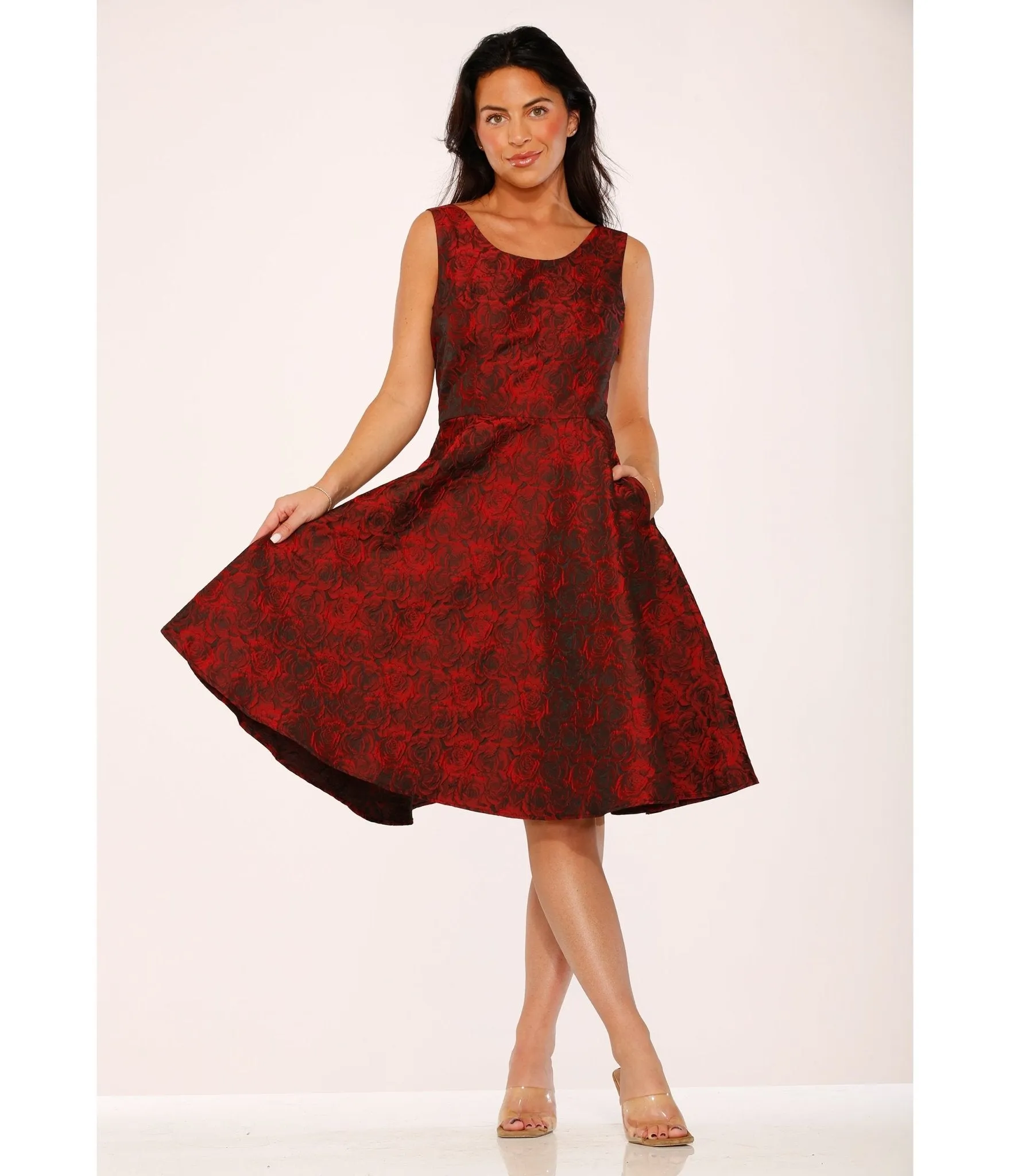 Orchid Bloom Red Rose Jacquard Swing Dress sold by Unique Vintage