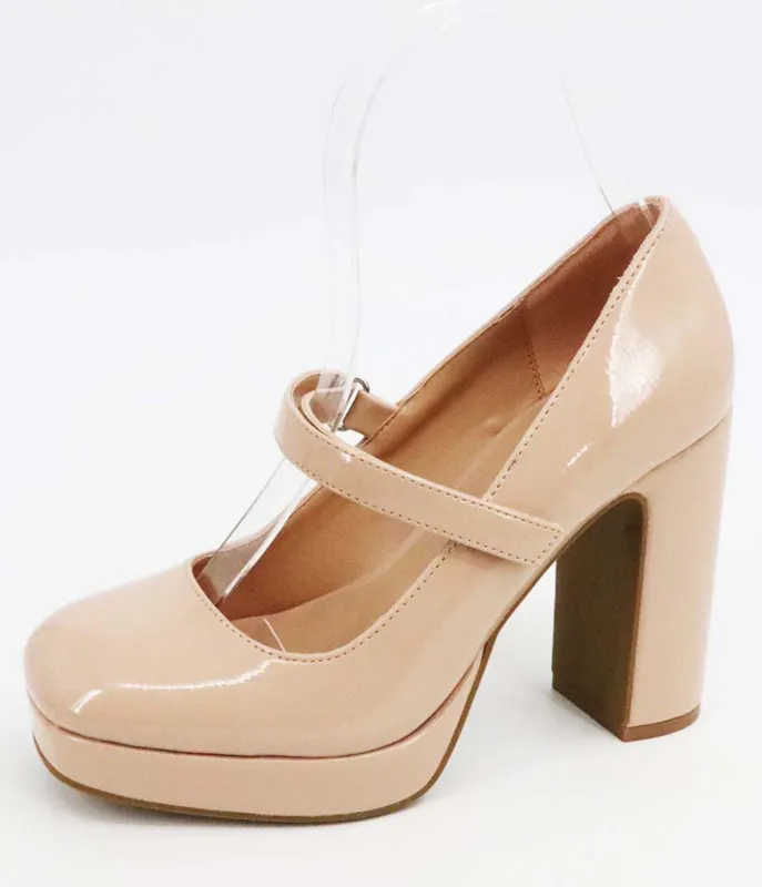 Nude Patent Leatherette Platform Mary Jane Heels sold by Unique Vintage