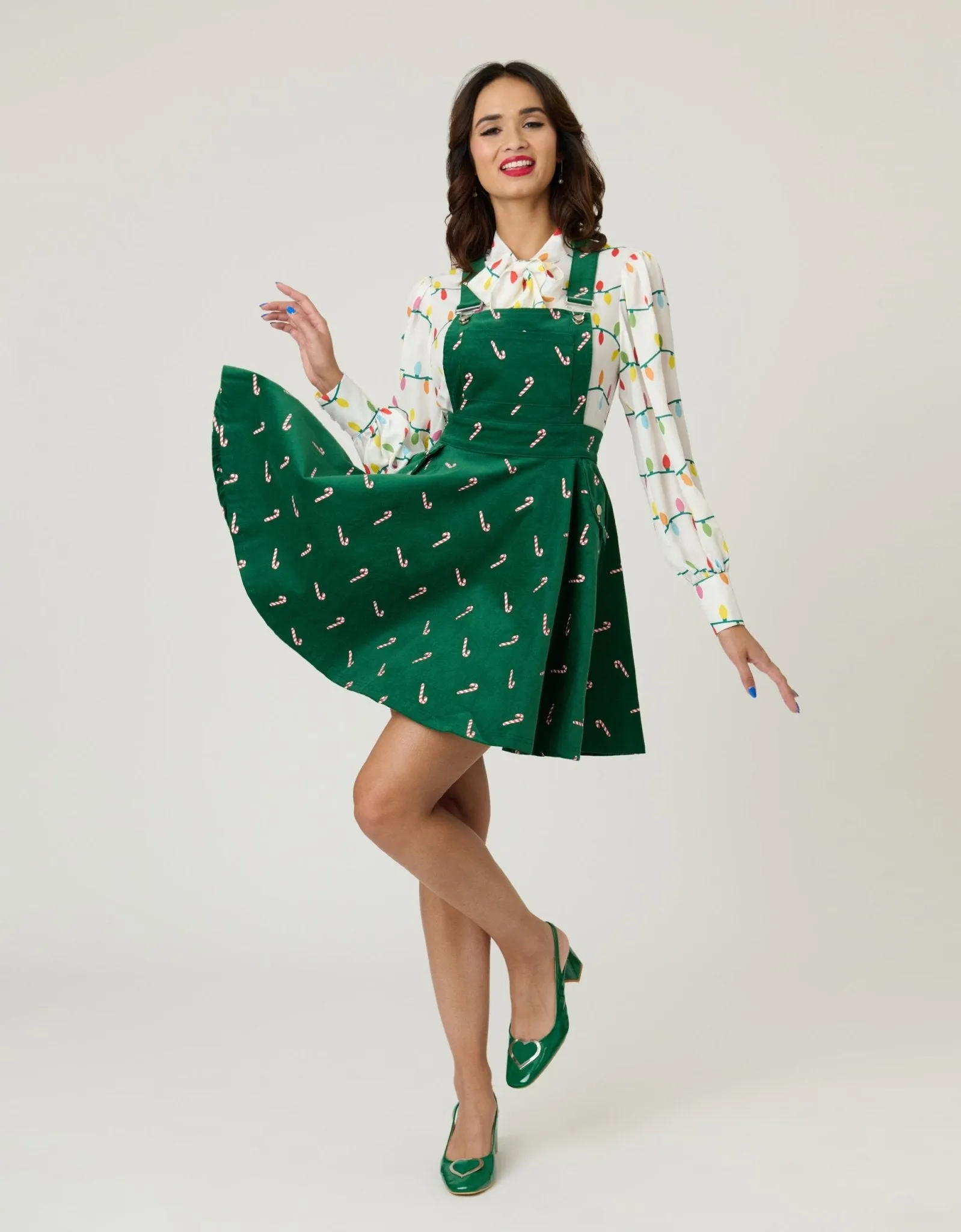 Unique Vintage Green & Candy Cane Stamp Brionne Pinafore Skirt sold by Unique Vintage