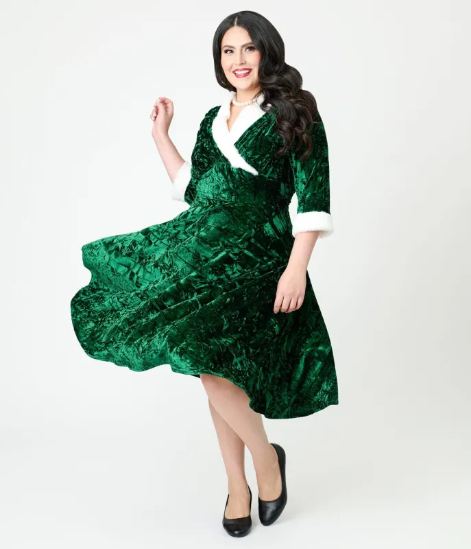 Unique Vintage Plus Size Emerald Crushed Velvet & White Fur Delores Swing Dress sold by Unique Vintage