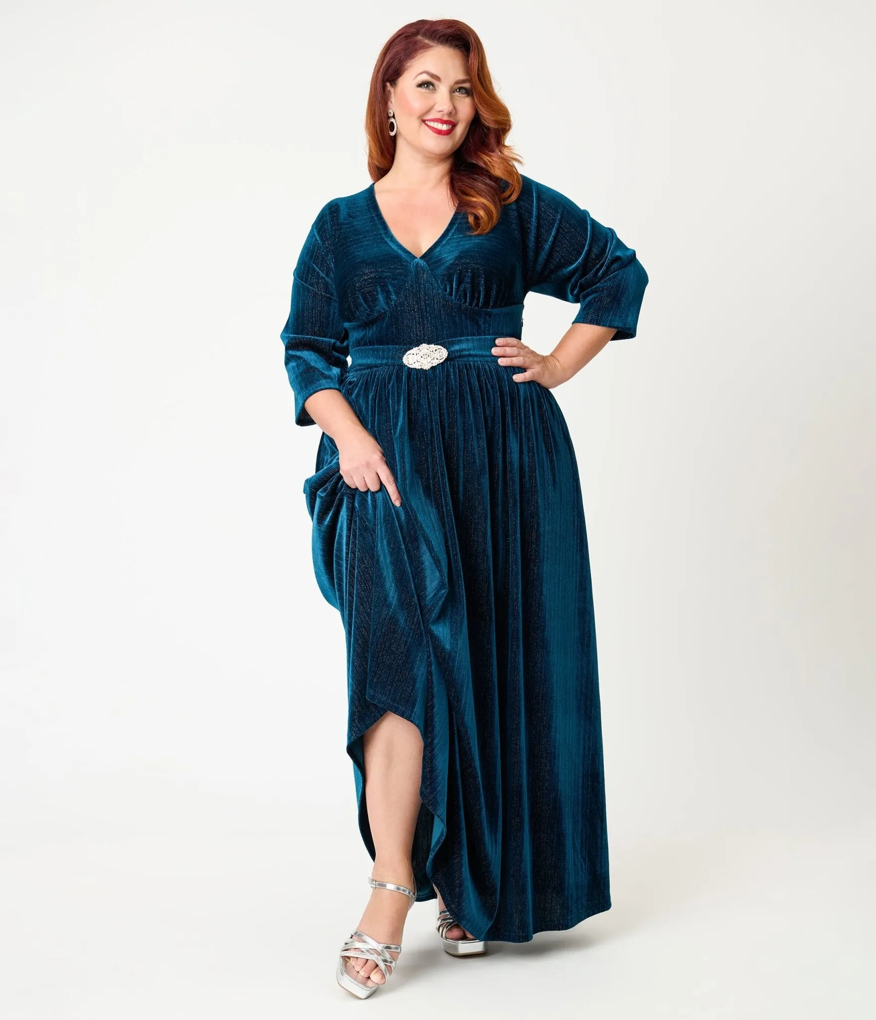 Unique Vintage Plus Size Teal Velvet Batwing Sleeve Maxi Dress sold by Unique Vintage product image thumbnail 4