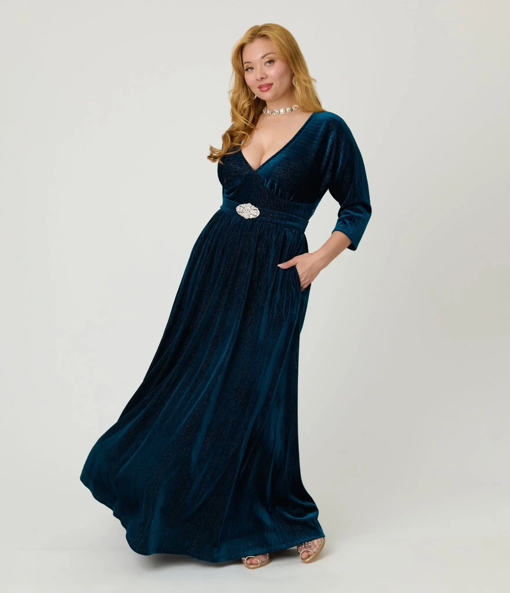 Unique Vintage Teal Velvet Batwing Sleeve Maxi Dress sold by Unique Vintage product image thumbnail 4