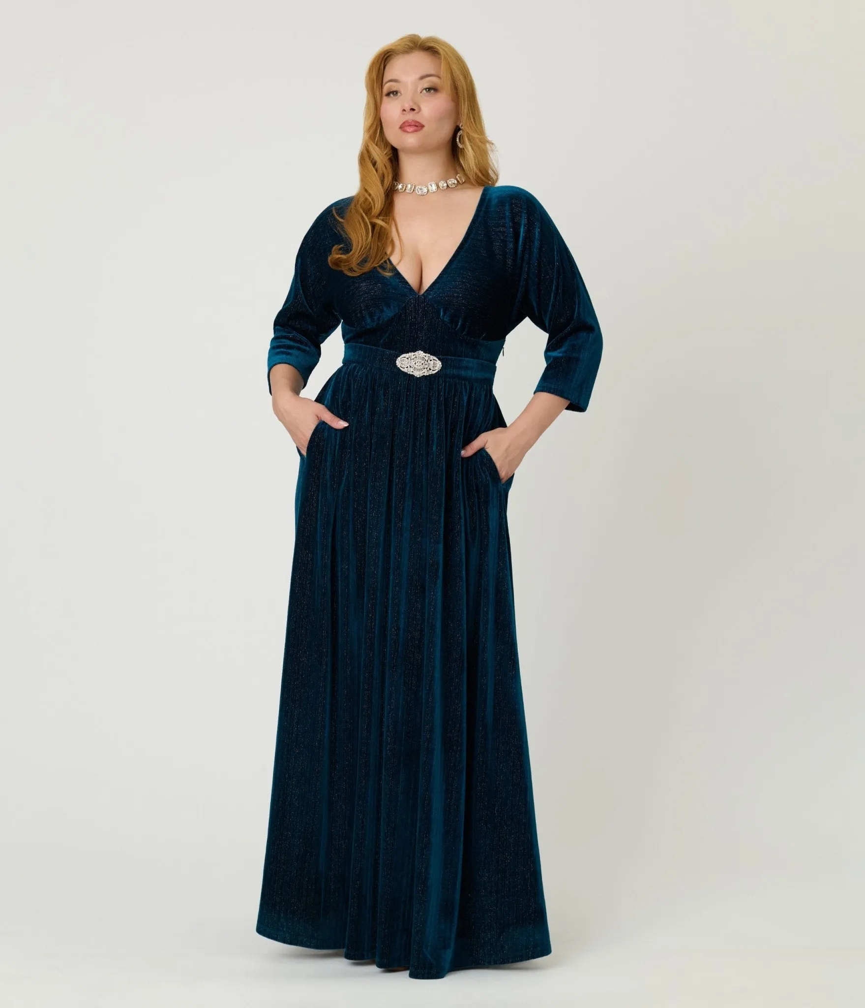 Unique Vintage Teal Velvet Batwing Sleeve Maxi Dress sold by Unique Vintage product image thumbnail 3