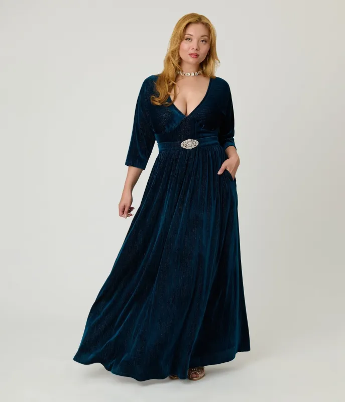 Unique Vintage Teal Velvet Batwing Sleeve Maxi Dress sold by Unique Vintage