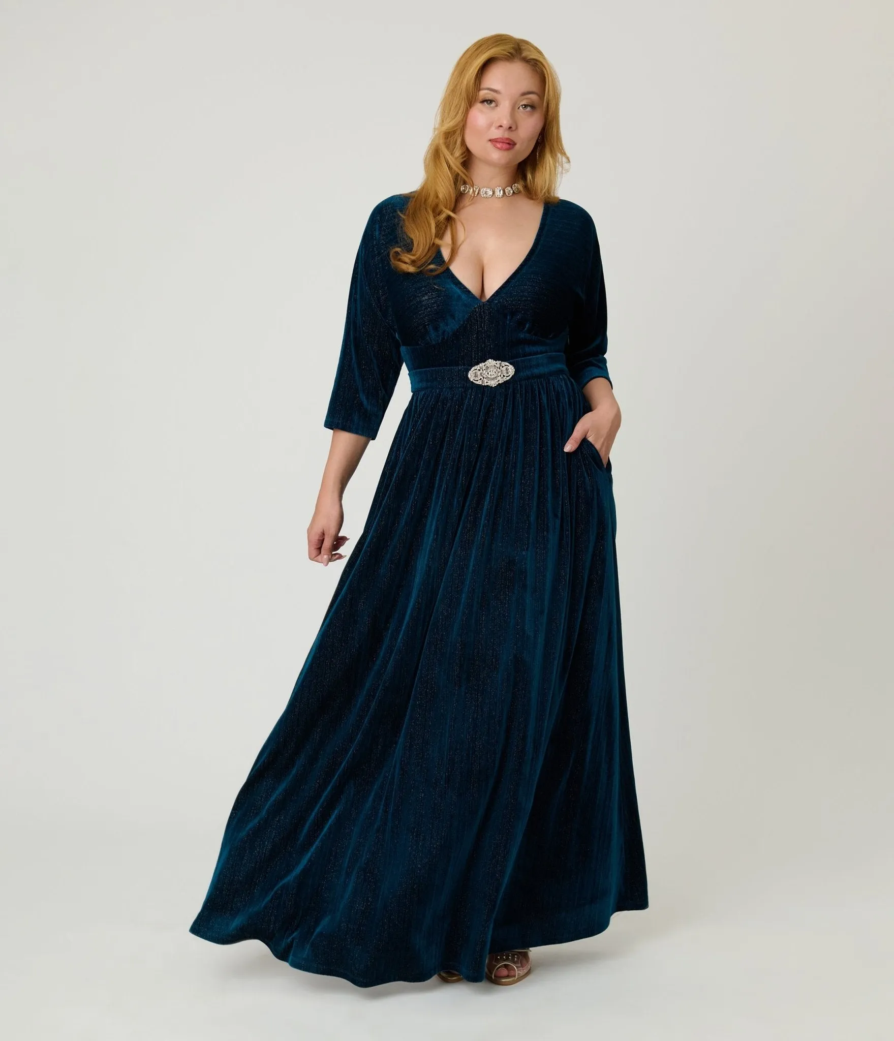 Unique Vintage Teal Velvet Batwing Sleeve Maxi Dress sold by Unique Vintage