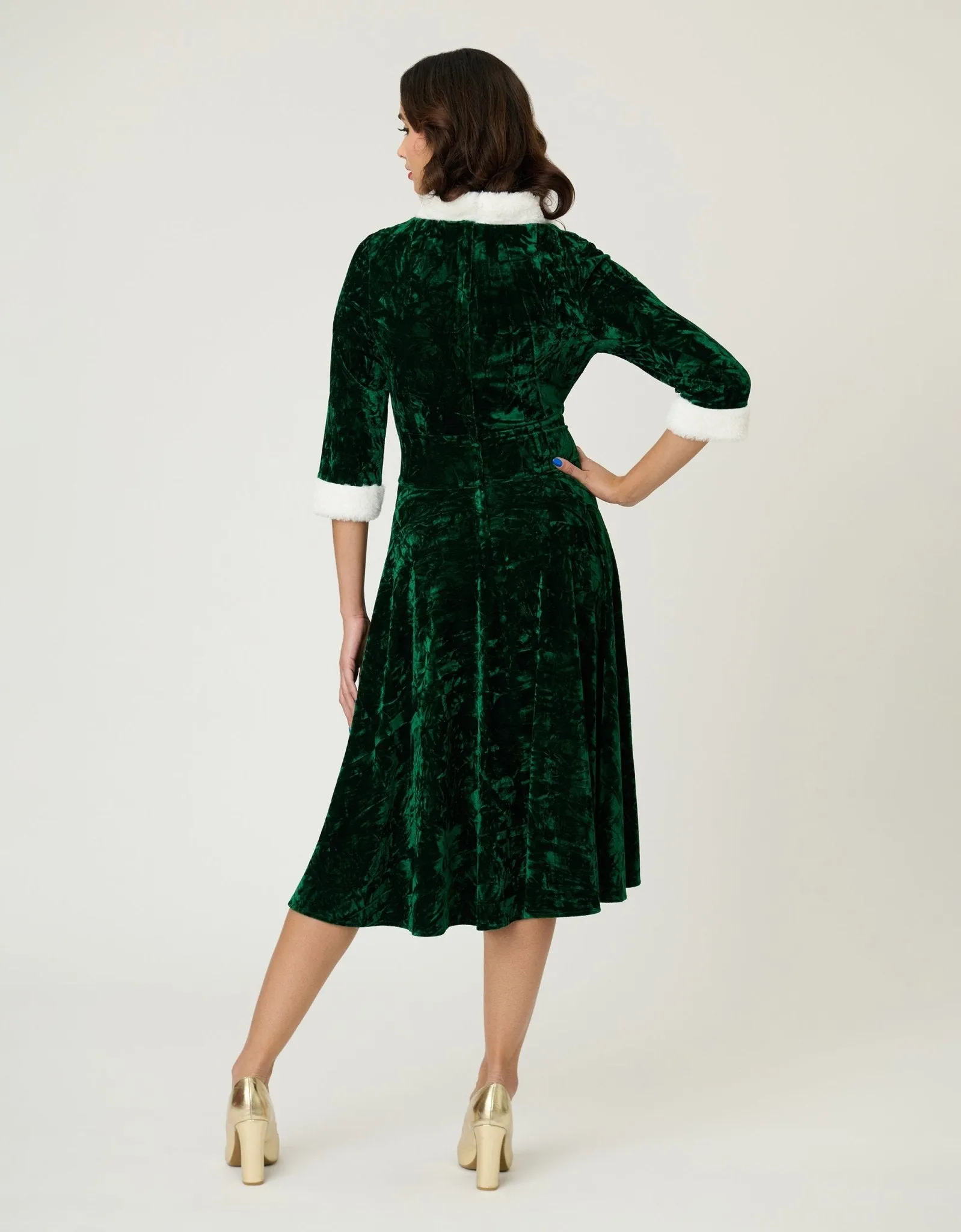 Unique Vintage Emerald Crushed Velvet & White Fur Delores Swing Dress sold by Unique Vintage product image thumbnail 2