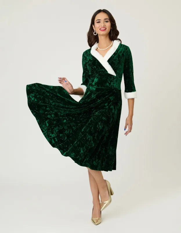 Unique Vintage Emerald Crushed Velvet & White Fur Delores Swing Dress sold by Unique Vintage