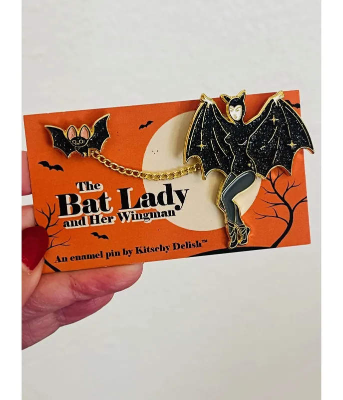 Bat Lady & Her Wingman Enamel Pin made by Unique Vintage