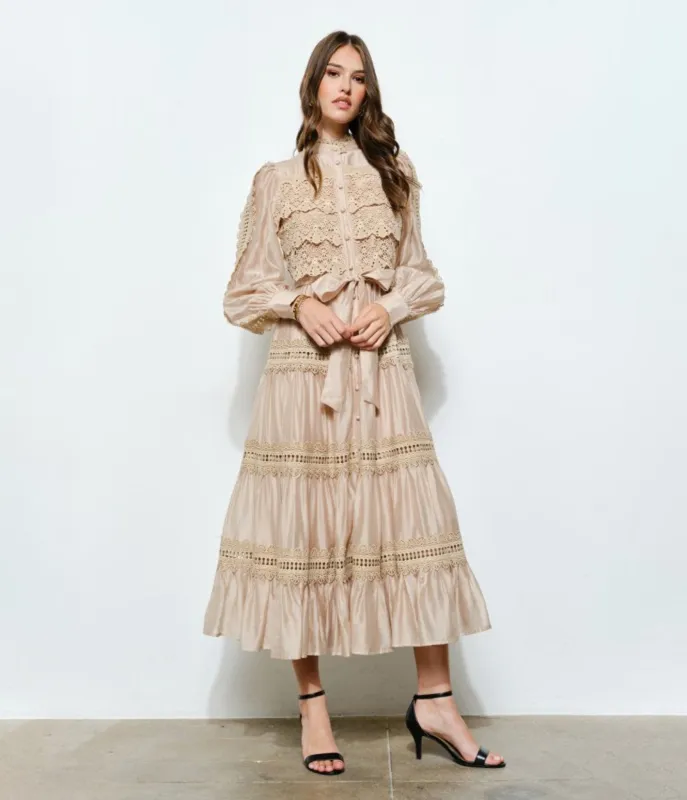 Beige Crochet Top Tiered Midi Dress sold by Unique Vintage
