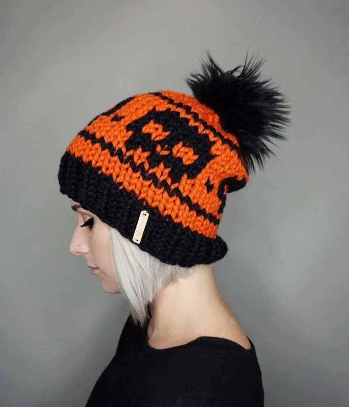 Orange & Black Skull Beanie sold by Unique Vintage