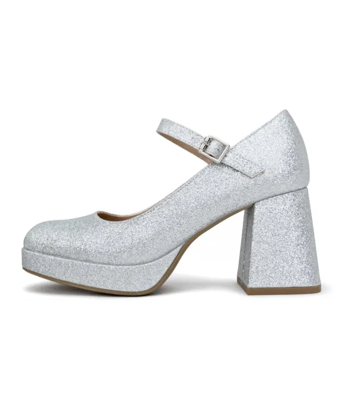 Silver Glitter Mary Jane Platform Heels sold by Unique Vintage