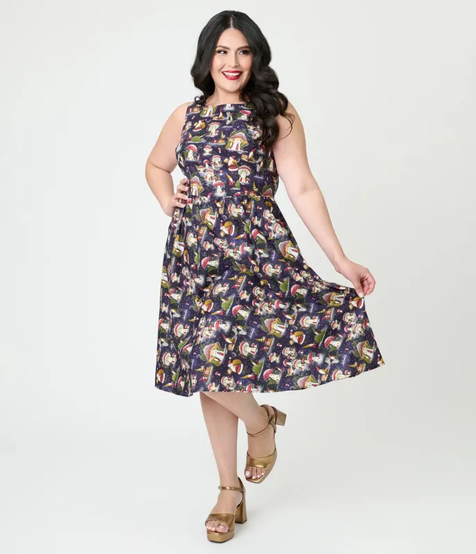 Retrolicious Navy & Gnome Santa Cotton Swing Dress sold by Unique Vintage