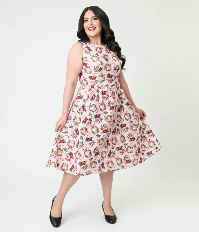 Retrolicious Pink Holiday Cats Cotton Swing Dress sold by Unique Vintage