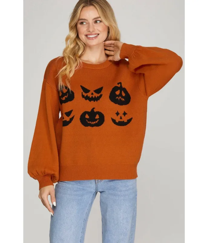 Burnt Orange Jack-O-Lantern Faces Sweater sold by Unique Vintage